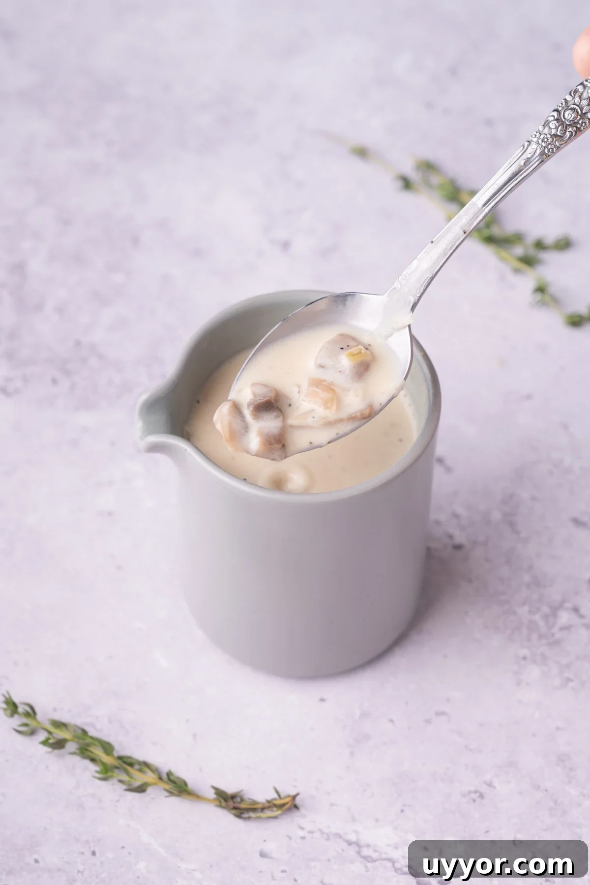 Creamy White Wine Mushroom Sauce Recipe for Pasta and Chicken 7 White wine mushroom sauce on a spoon over a creamer.