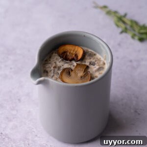 Creamy White Wine Mushroom Sauce Recipe for Pasta and Chicken 8 Creamy mushroom white wine sauce in a creamer with two mushrooms floating on top.
