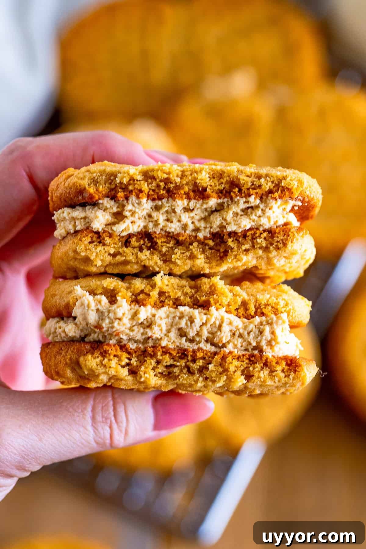 Homemade Nutter Butter Cookies: Chewy Peanut Butter Sandwich Cookies Recipe 3 a hand holding up Nutter Butter Cookies that have been cut in half