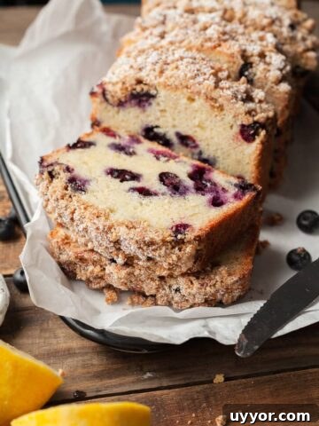 sliced gluten free blueberry bread topped with brown sugar streusel