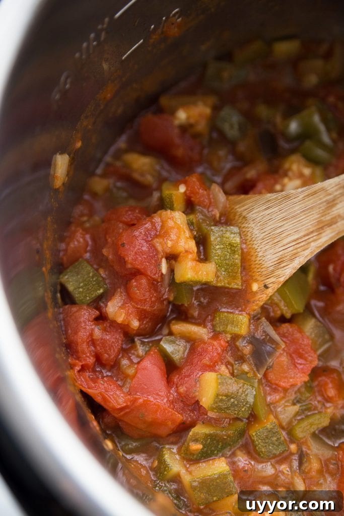 Instant Pot Ratatouille: Quick French Vegetable Stew Recipe 5 Cooked ratatouille in the instant pot being stirred by a wooden spoon