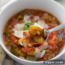 Instant Pot Ratatouille: Quick French Vegetable Stew Recipe 7 White bowl with warm ratatouille , topped with parmesan and fresh basil