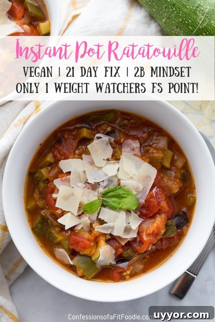 Instant Pot Ratatouille: Quick French Vegetable Stew Recipe 8 Two white bowls full of veggie packed ratatouille topped with Parmesan cheese and basil with the text overlay- Instant Pot Ratatouille | Vegan | 21 Day Fix | 2B Mindset | Only 1 Weight Watchers FS Point! Confessionsofafitfoodie.com