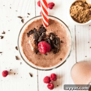 Glass of brown smoothie garnished with raspberry and chocolate.