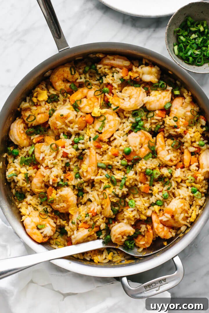 Top 10 Must-Try Recipes from 2022: Reader Favorites and Trends 9 A pan with shrimp fried rice with a serving spoon.