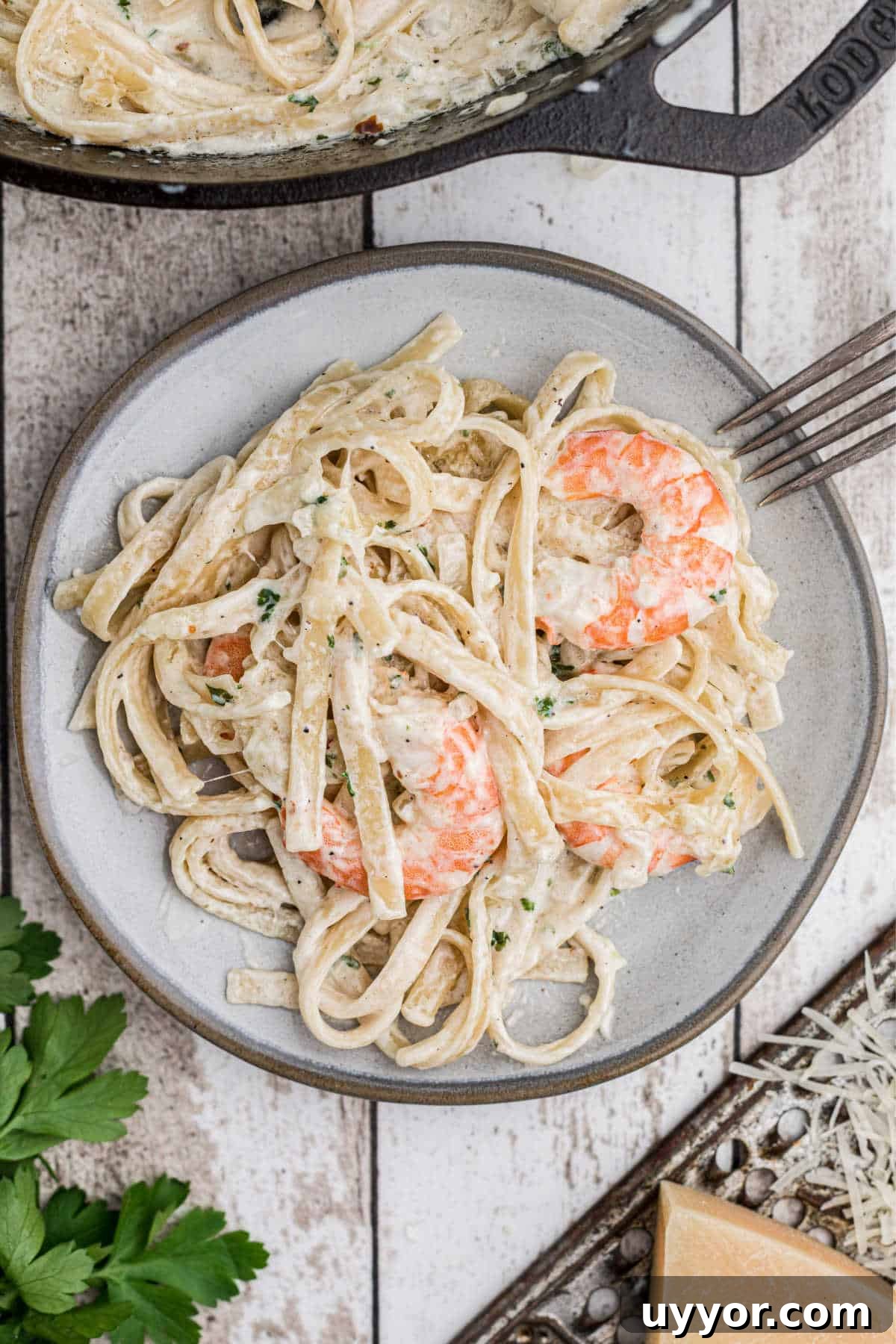 dished out shrimp alfredo bake on a plate with a fork on the side