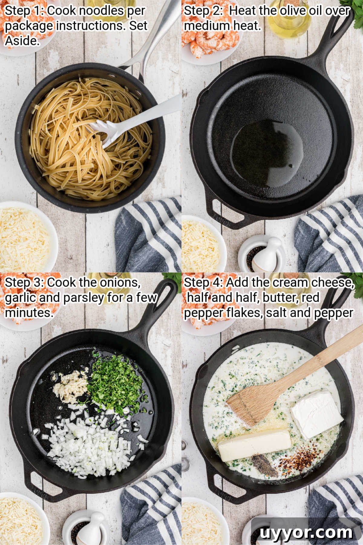 four images showing how to make a shrimp alfredo bake