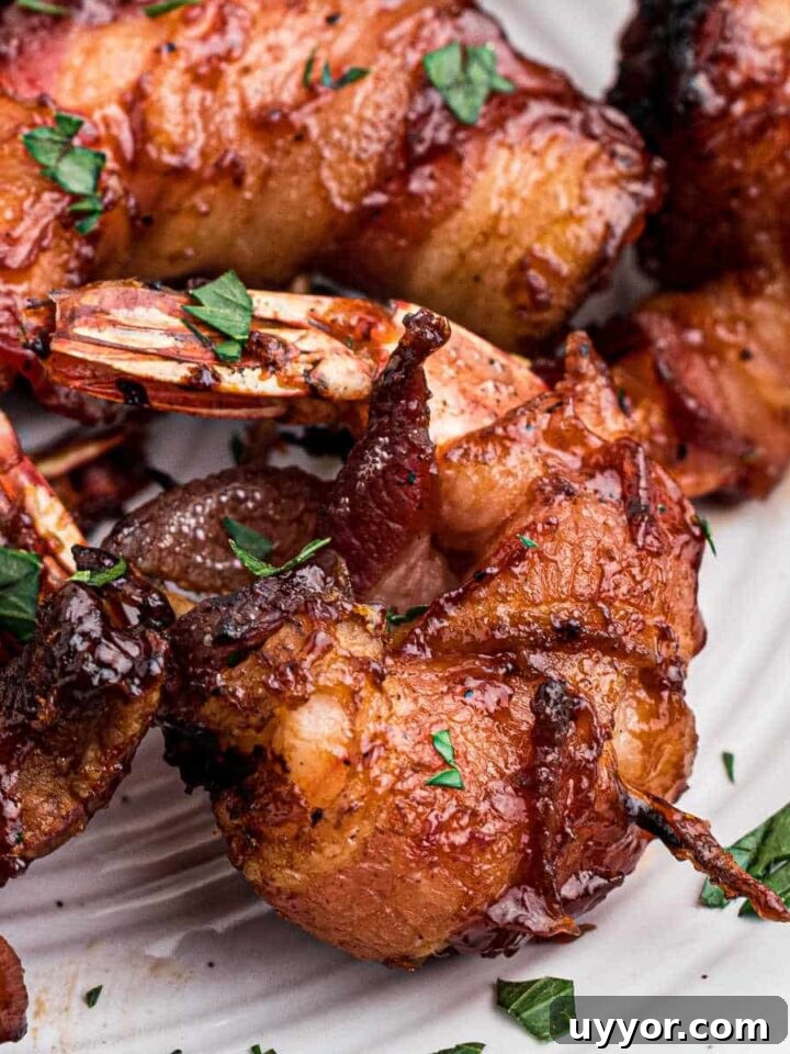 smoked bacon wrapped shrimp on a plate, with a toothpick holding together.