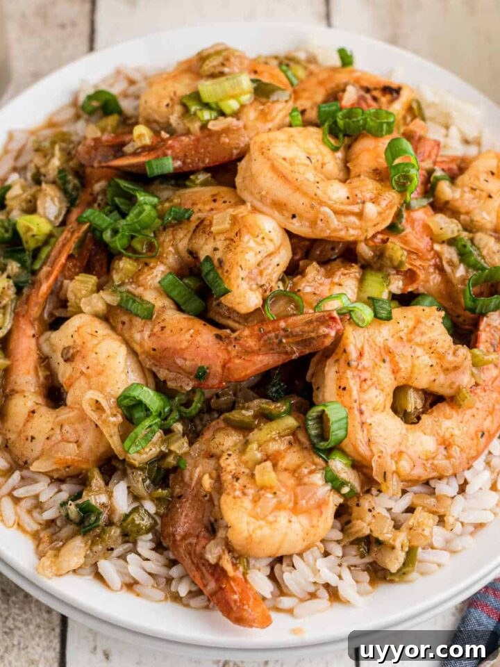 A dished up plate full of shrimp etouffee on a bed of rice.