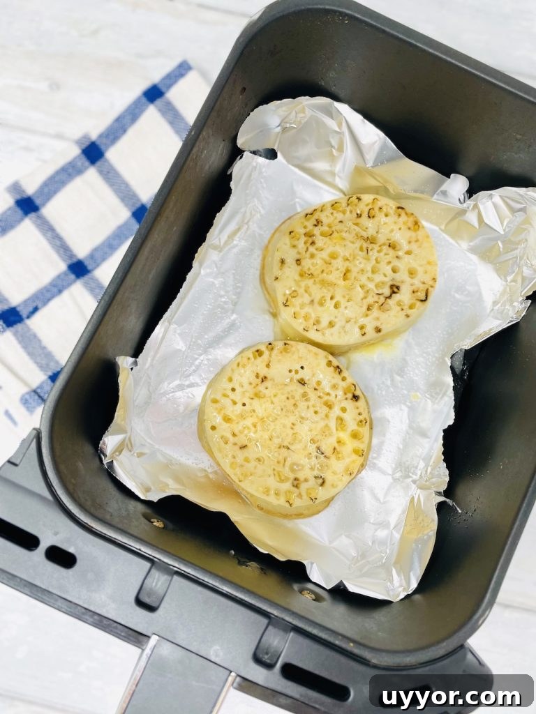 eggy bread crumpets in the air fryer ready to cook