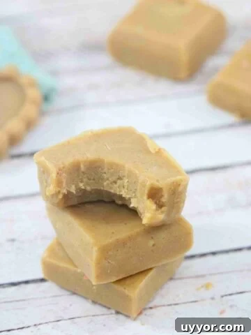 Peanut butter protein fudge squares stakced with a bite out of the top one and more fudge and a jar of honey behind them.