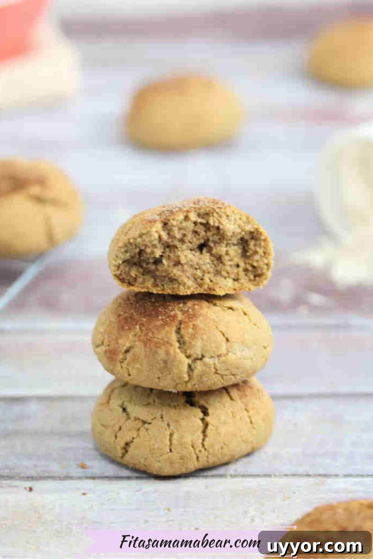 Three snickerdoodle protein cookies stacked with the top one having a bite out of it and more cookies behind it.