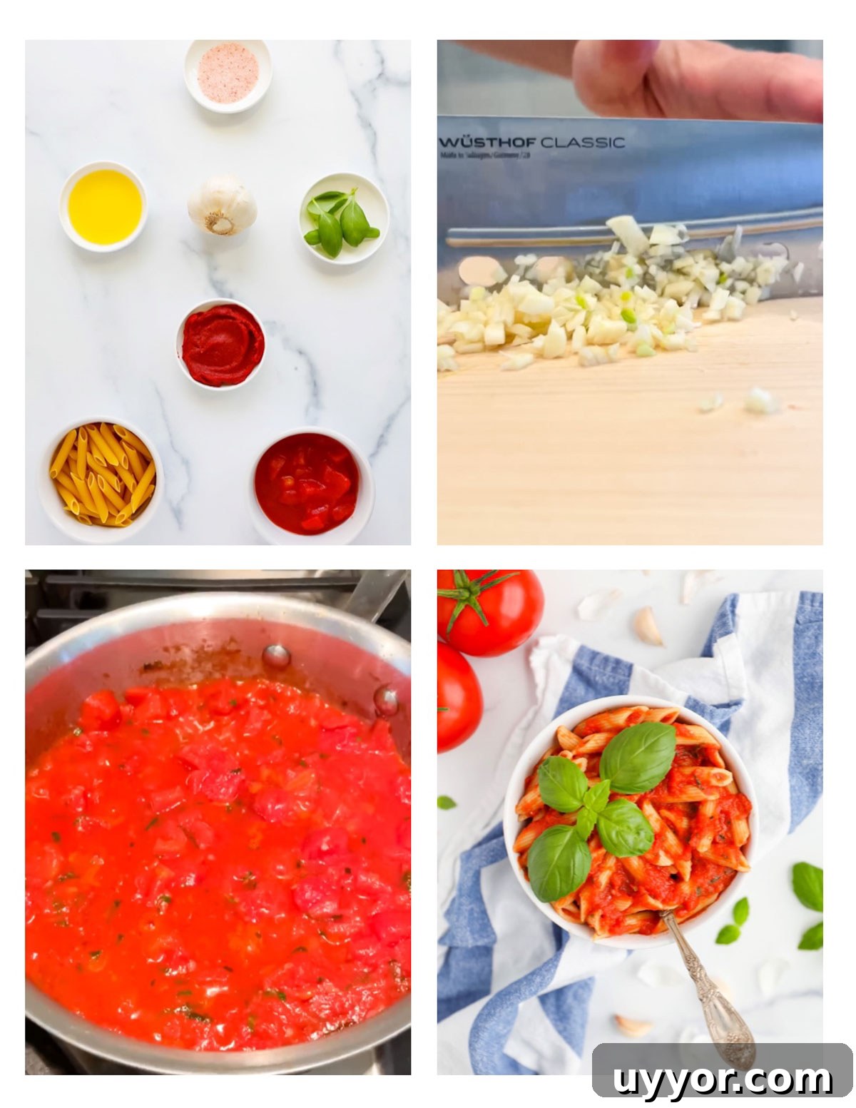 4 pictures including: a picture of pasta sauce ingredients, chopping garlic, cooking sauce, and a finished bowl of pasta