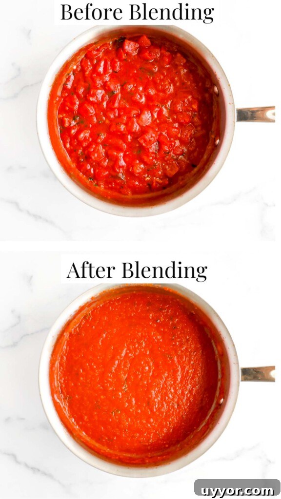 A picture of sauce in a pan before blending and after blending