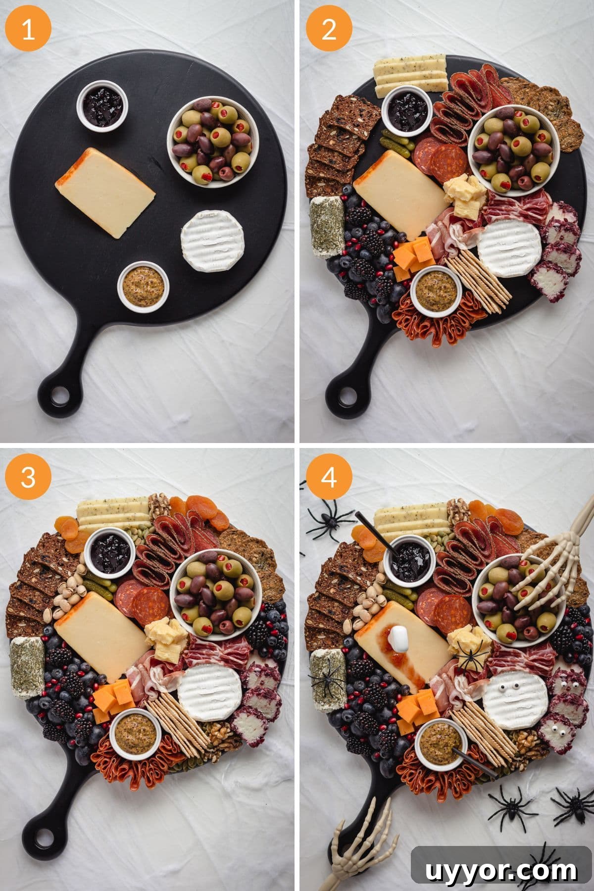 Numbered photo collage showing a Halloween charcuterie board being assembled.