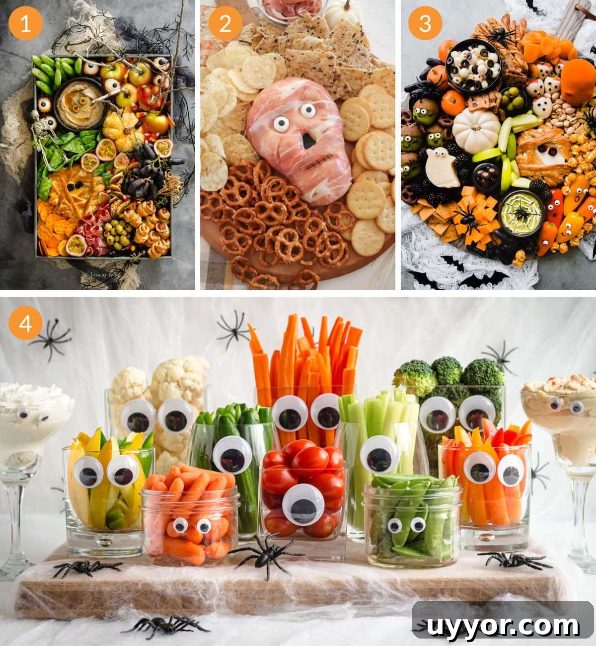Numbered photo collage of Halloween charcuterie board ideas.