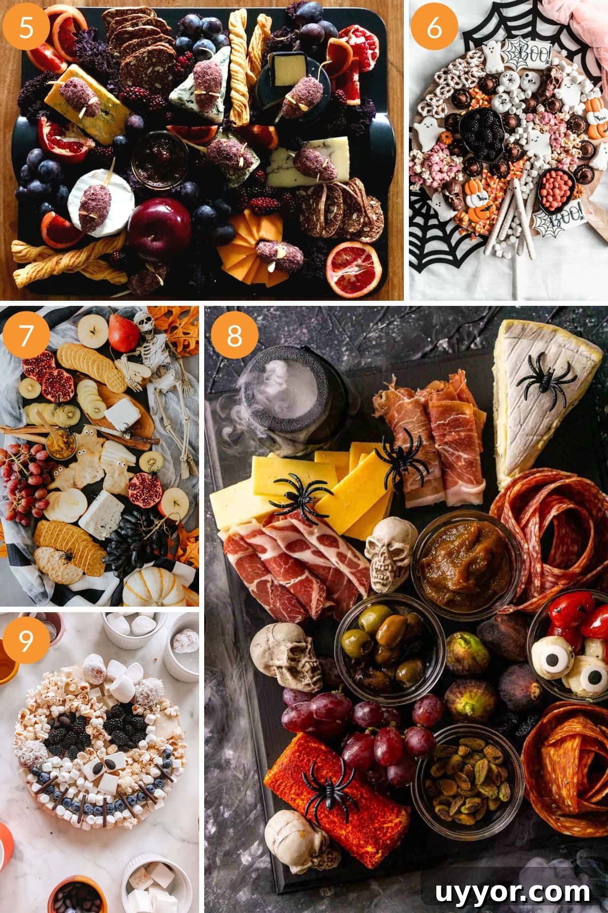 Numbered photo collage of Halloween themed charcuterie boards.