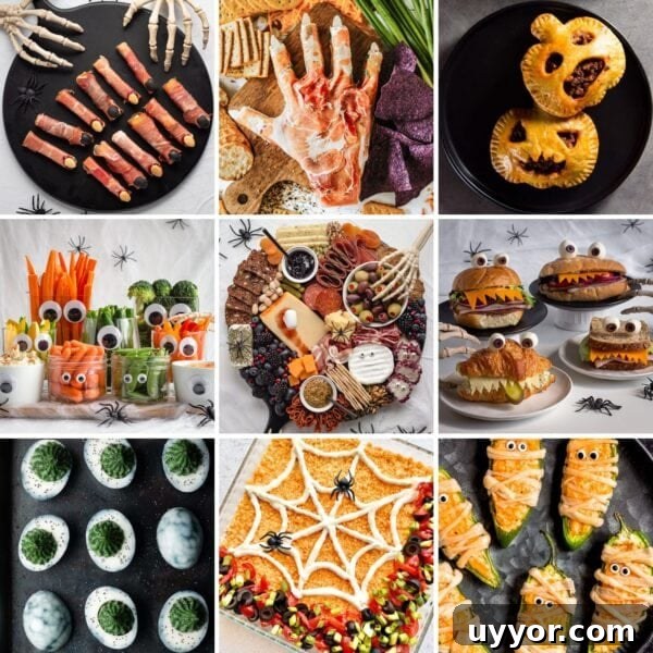 Photo collage of Halloween appetizers.