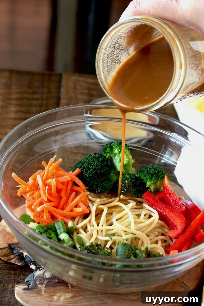 Peanut Sesame Dressing poured over noodles and vegetables.