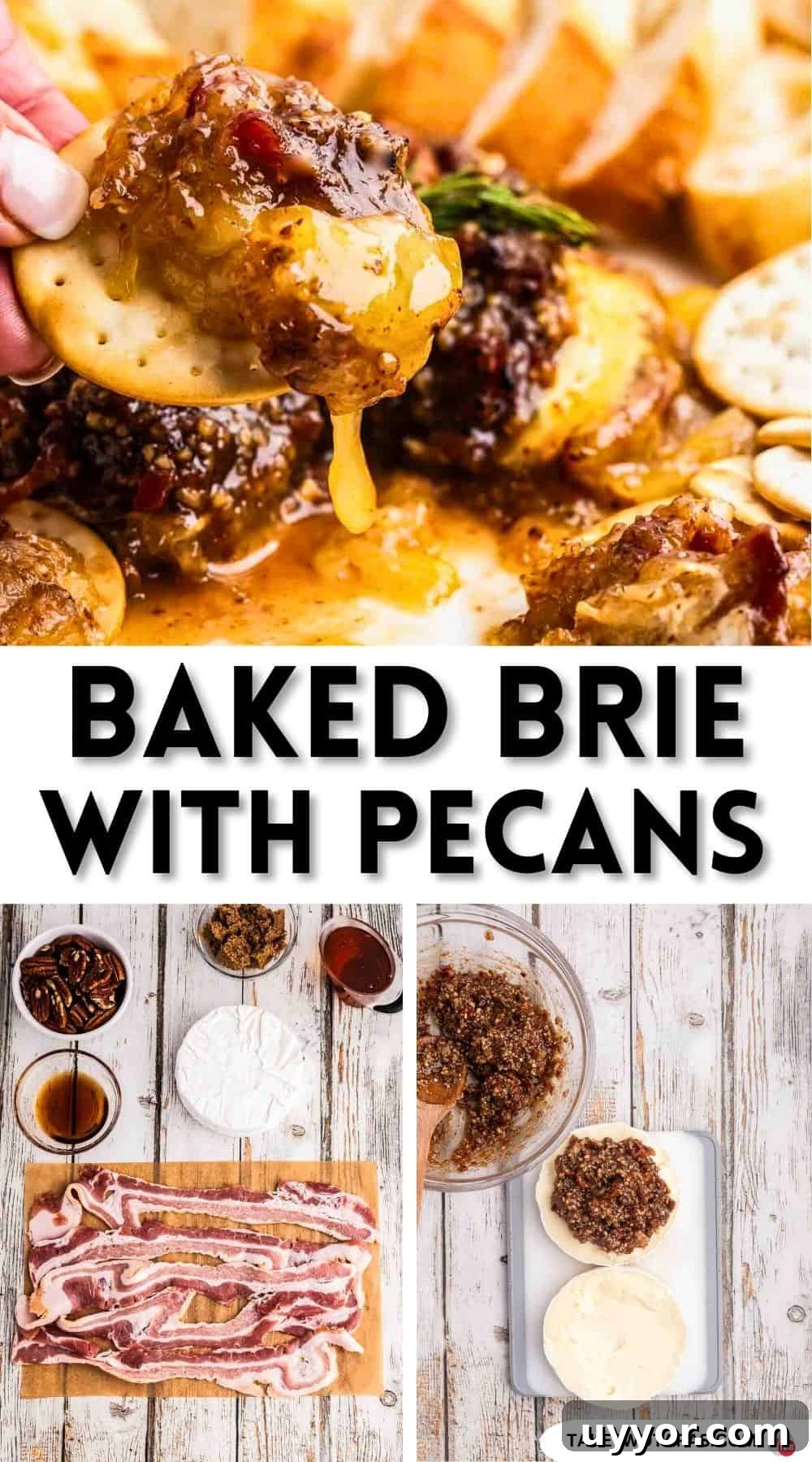 Pinterest pin image for baked brie with pecans recipe