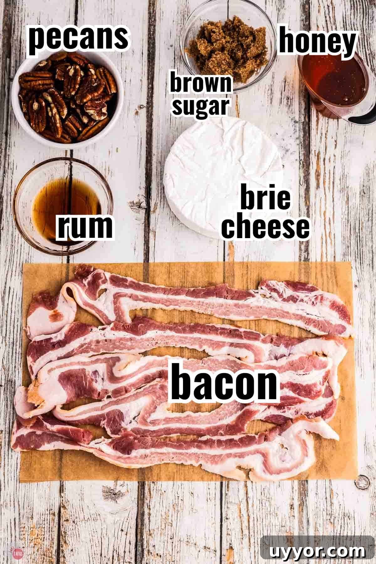 ingredients for a baked brie recipe with text overlay labeling them