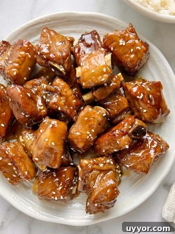 close up of honey garlic ribs in bowl