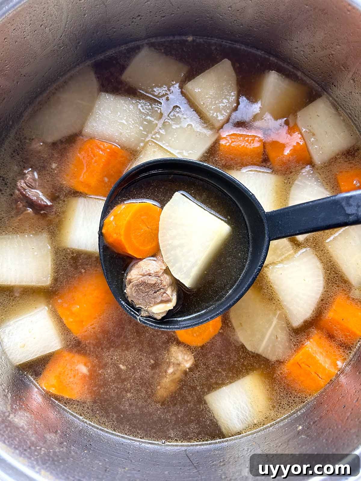 Hearty Beef Brisket Noodle Soup Recipe for Comforting Dinner 8 ladle of soup over pot