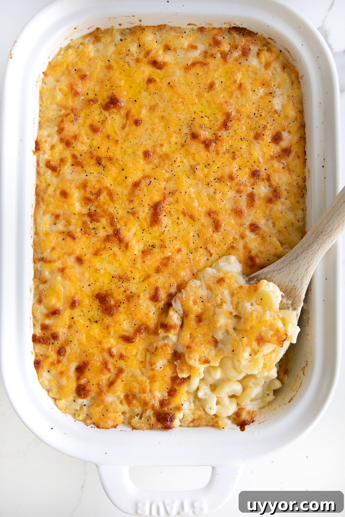 Large white baking dish filled with creamy Baked Mac and Cheese.