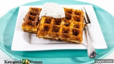 Keto tuna melt waffle on blue plate