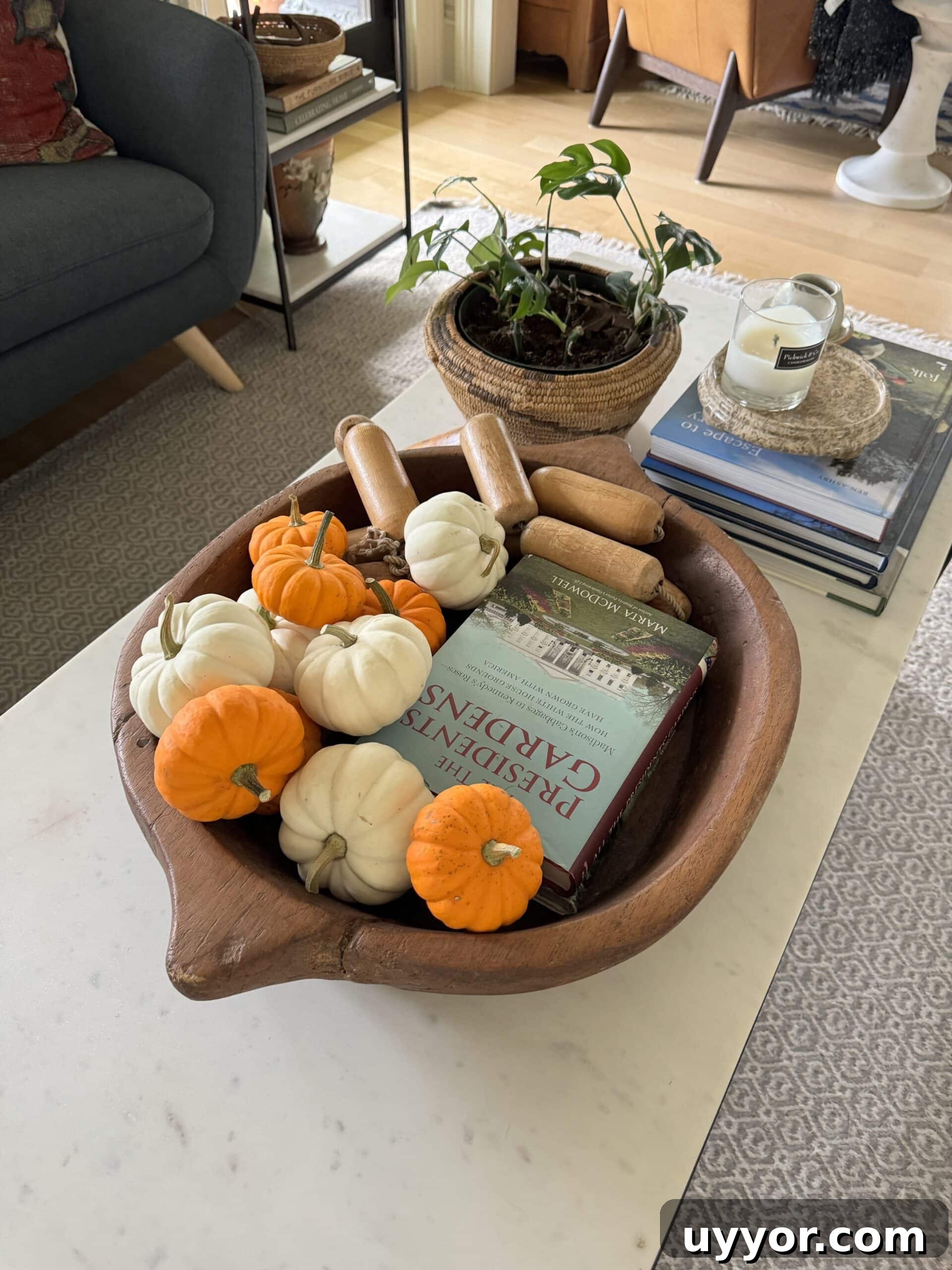August 2024 Events, Deals & Planning Guide 7 Coffee table with large wooden bowl filled with mini pumpkins with books, plant, and candle also on coffee table.