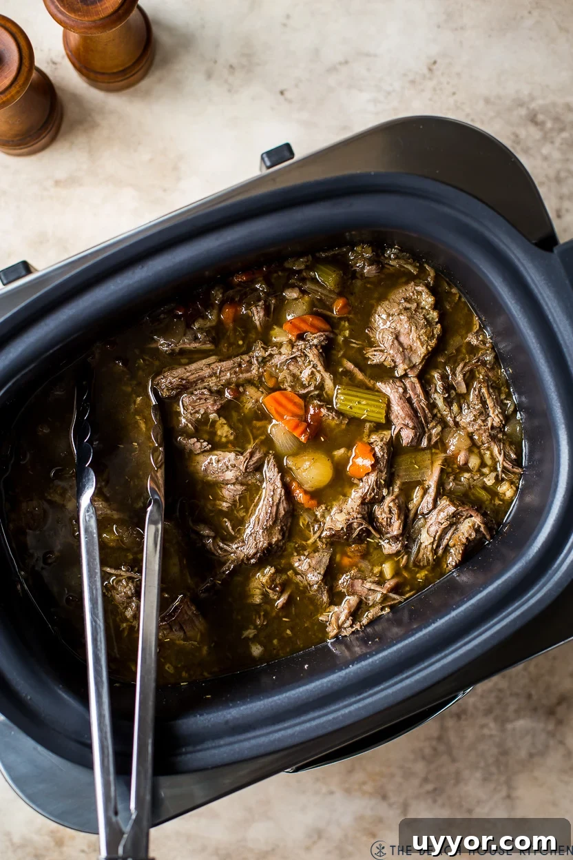 Slow Cooker Italian Beef Sandwiches with Tangy Au Jus 2 Overhead photo of Italian beef in a slow cooker