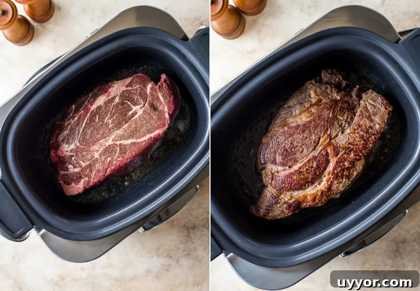Slow Cooker Italian Beef Sandwiches with Tangy Au Jus 5 Diptich of a chuck roast in a slow cooker