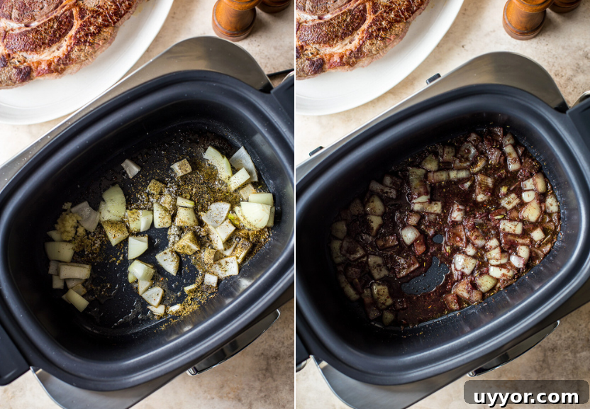 Slow Cooker Italian Beef Sandwiches with Tangy Au Jus 6 Diptich of onions on a slow cooker with spices and wine