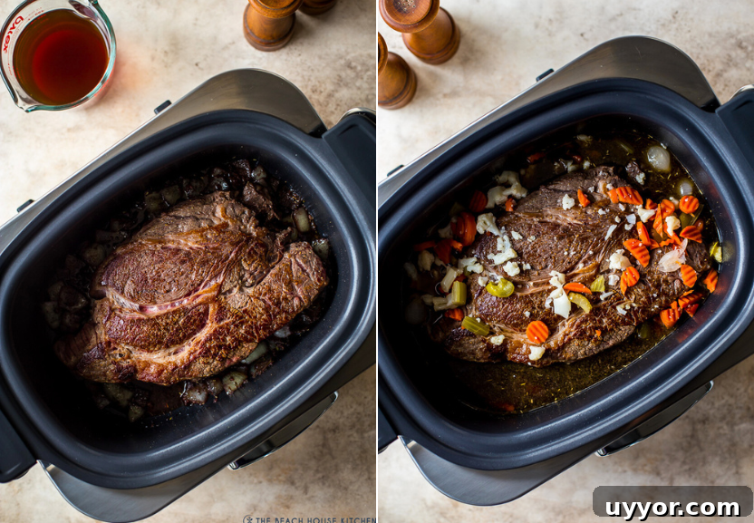Slow Cooker Italian Beef Sandwiches with Tangy Au Jus 7 Diptich of chuck roast in slow cooker and chuck roast covered in pickled veggies in slow cooker