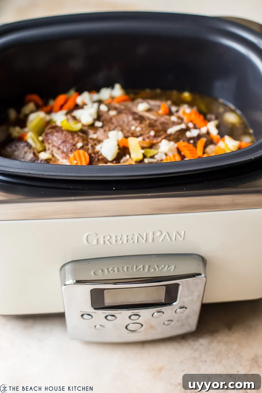 Slow Cooker Italian Beef Sandwiches with Tangy Au Jus 10 Up close photo of a GreenPan slow cooker