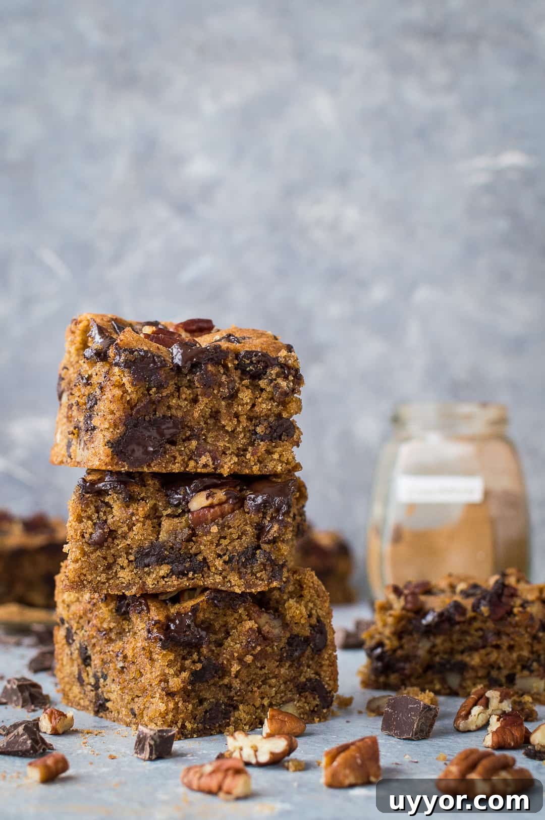 Vegan Peanut Butter Chocolate Chip Pecan Bars Recipe 3 A stack of vegan peanut butter snack bars with chocolate chips, pecans and cinnamon.