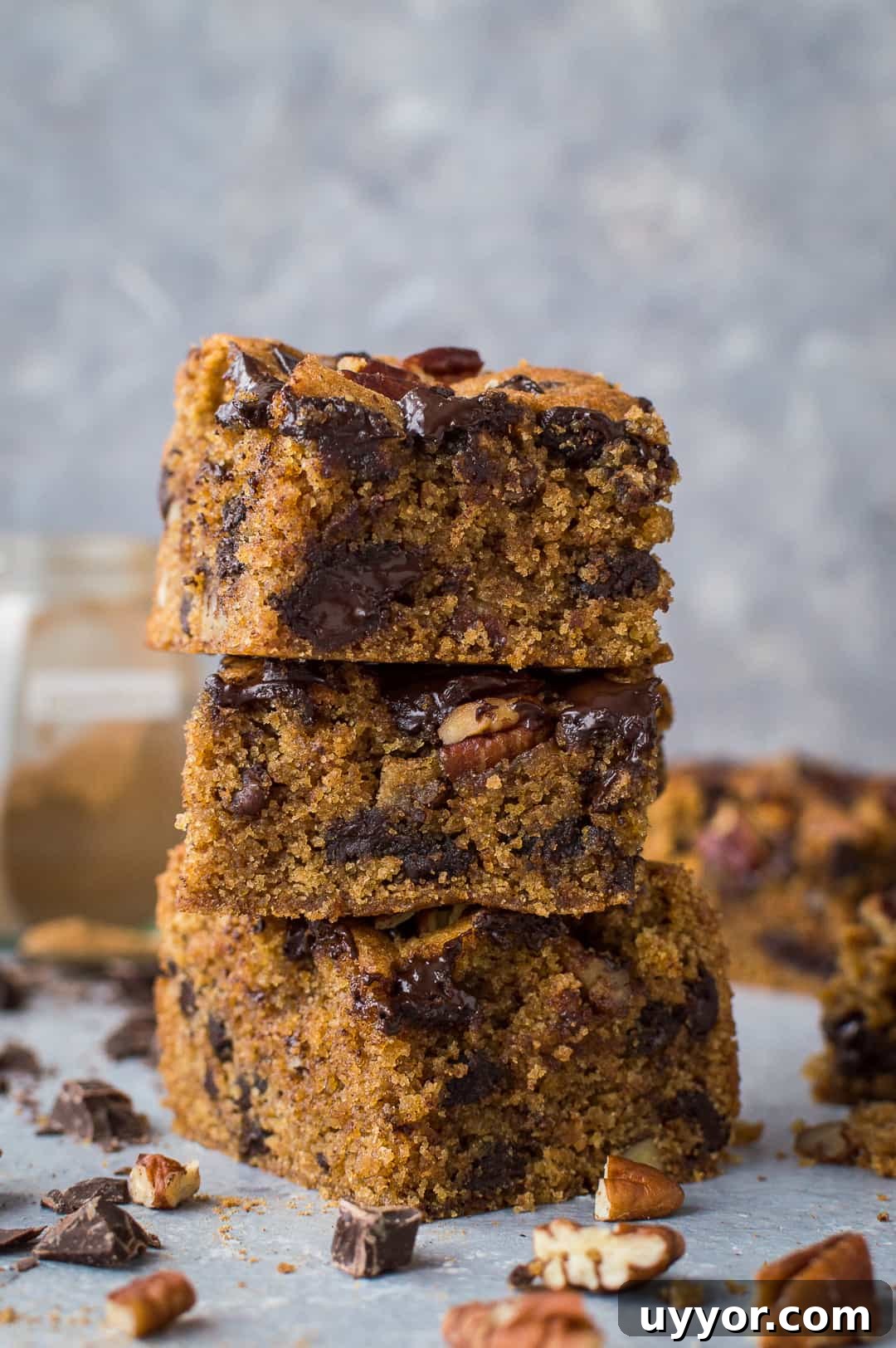 Vegan Peanut Butter Chocolate Chip Pecan Bars Recipe 5 A stack of egg and dairy free vegan peanut butter chocolate chip pecan bars on a grey background