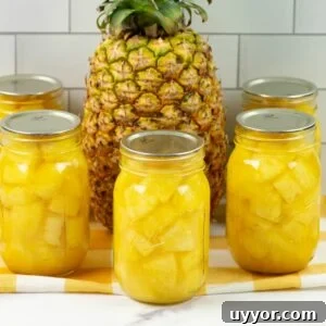 How to Preserve Pineapple by Canning: Step-by-Step Guide 13 Pint canning jars filled with canned pineapple chunks with a whole ripe pineapple in the background.