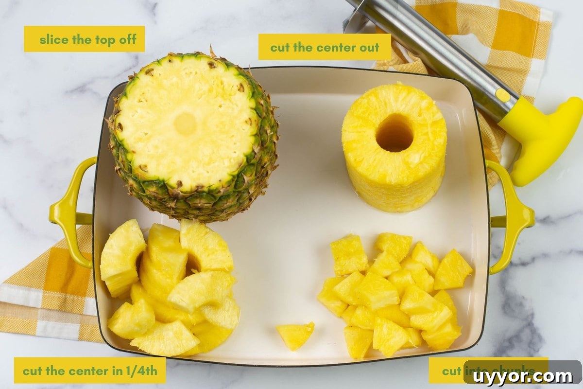 How to Preserve Pineapple by Canning: Step-by-Step Guide 5 4 steps of cutting pineapple into chunks using a pineapple corer.