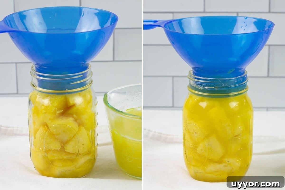 How to Preserve Pineapple by Canning: Step-by-Step Guide 6 Filling the canning jars with juice.