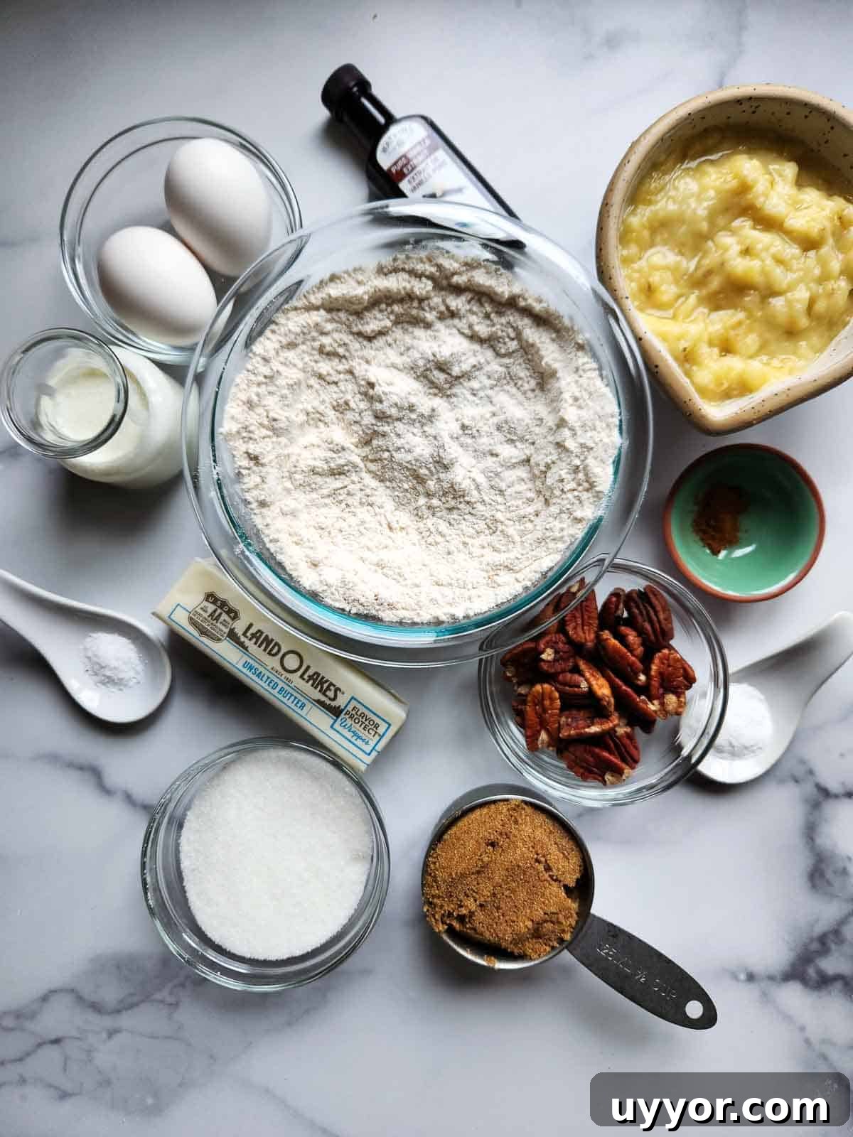 Bakery-Style Banana Bread with Pecans and Brown Butter Glaze 3 Ingredients for banana bread.