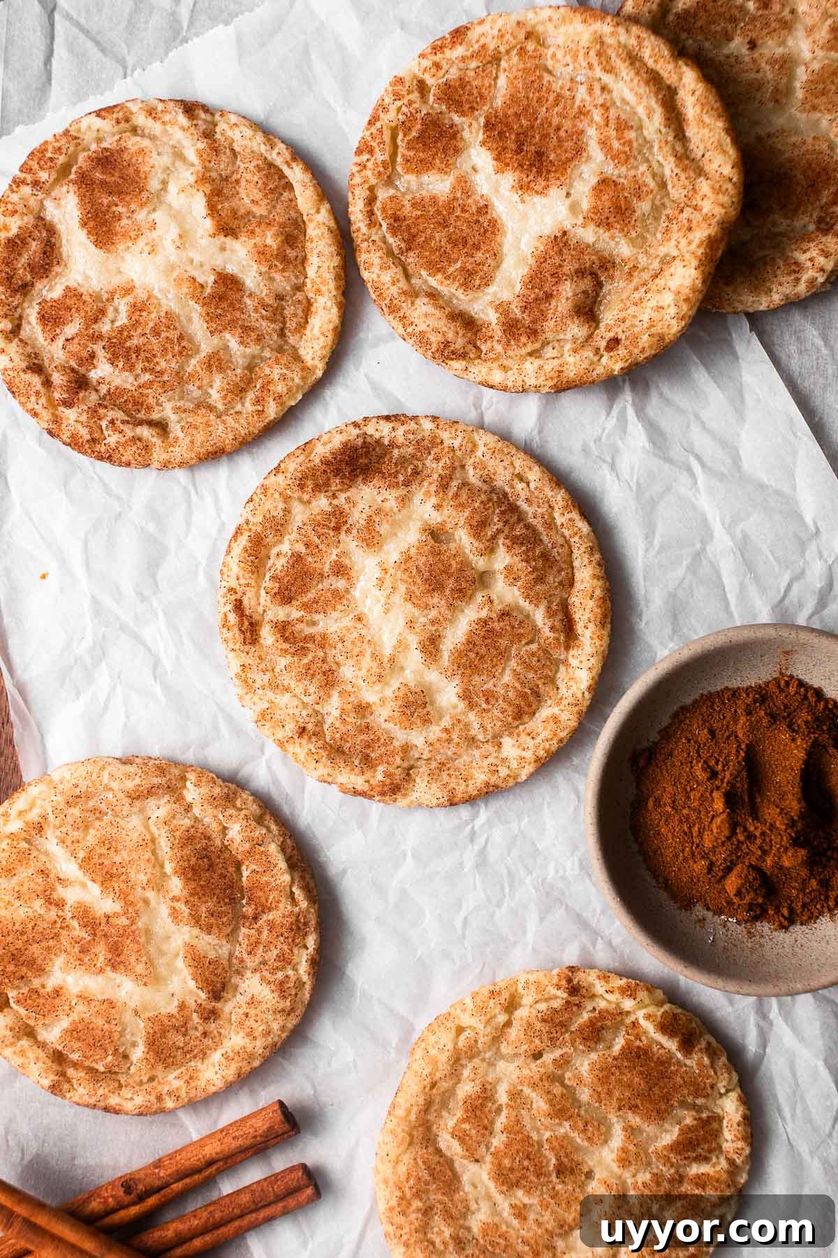 Freeze Cookie Dough and Bake from Frozen: Step-by-Step Guide 8 Eggless snickerdoodle cookies with cinnamon on parchment paper.