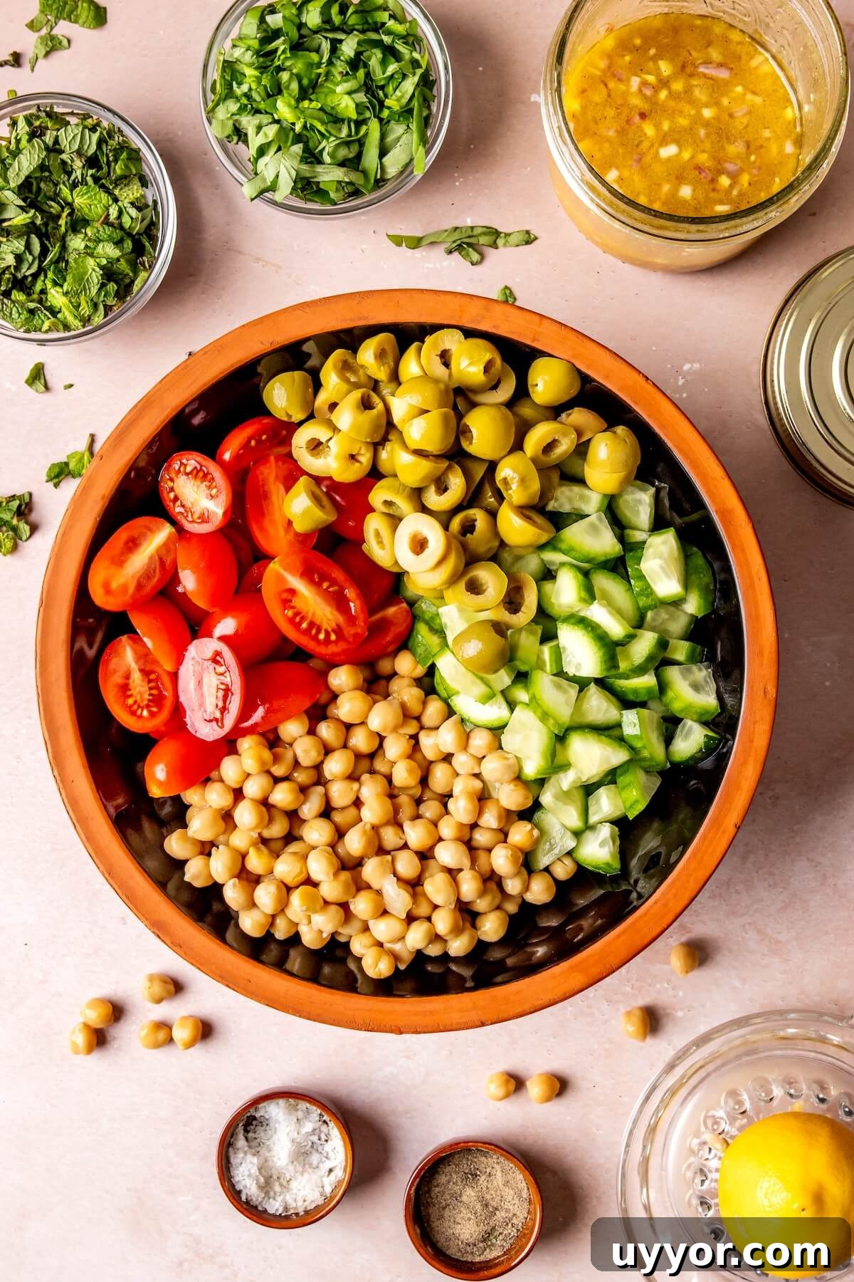 Cucumber Chickpea Greek Salad with Shallot Vinaigrette 9 How to Make Cucumber Chickpea Greek Salad Step 4 - Olivia Adriance