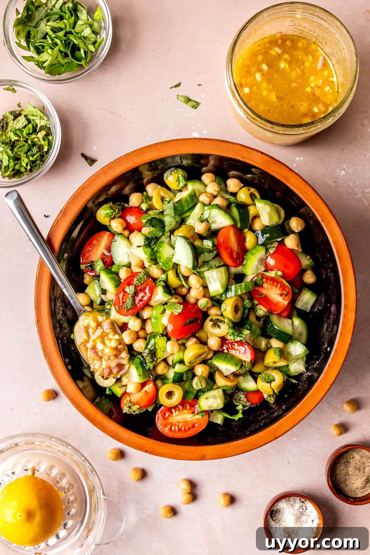 Cucumber Chickpea Greek Salad with Shallot Vinaigrette 10 How to Make Cucumber Chickpea Greek Salad Step 5 - Olivia Adriance