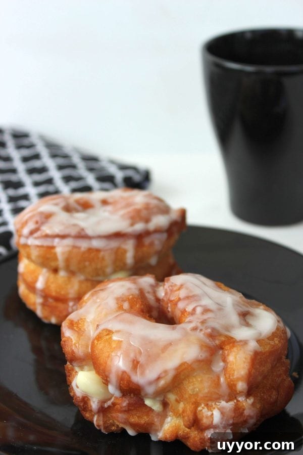 How to Make Cronuts at Home: Step-by-Step Recipe for Flaky, Custard-Filled Pastries 2 2 cronuts topped with vanilla glaze and filled with pudding.