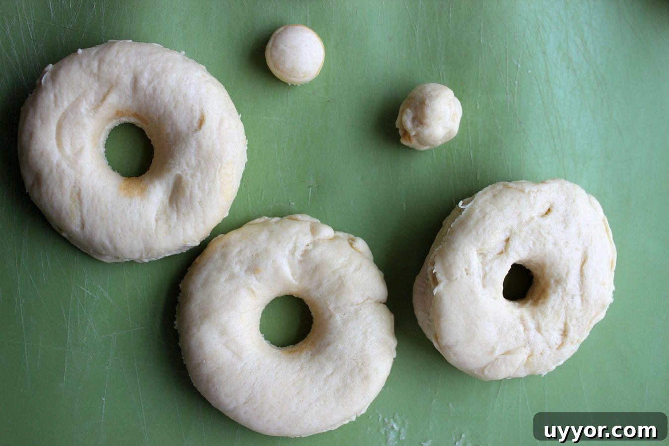 How to Make Cronuts at Home: Step-by-Step Recipe for Flaky, Custard-Filled Pastries 4 raw donuts and cronut holes getting ready to go in the fryer.