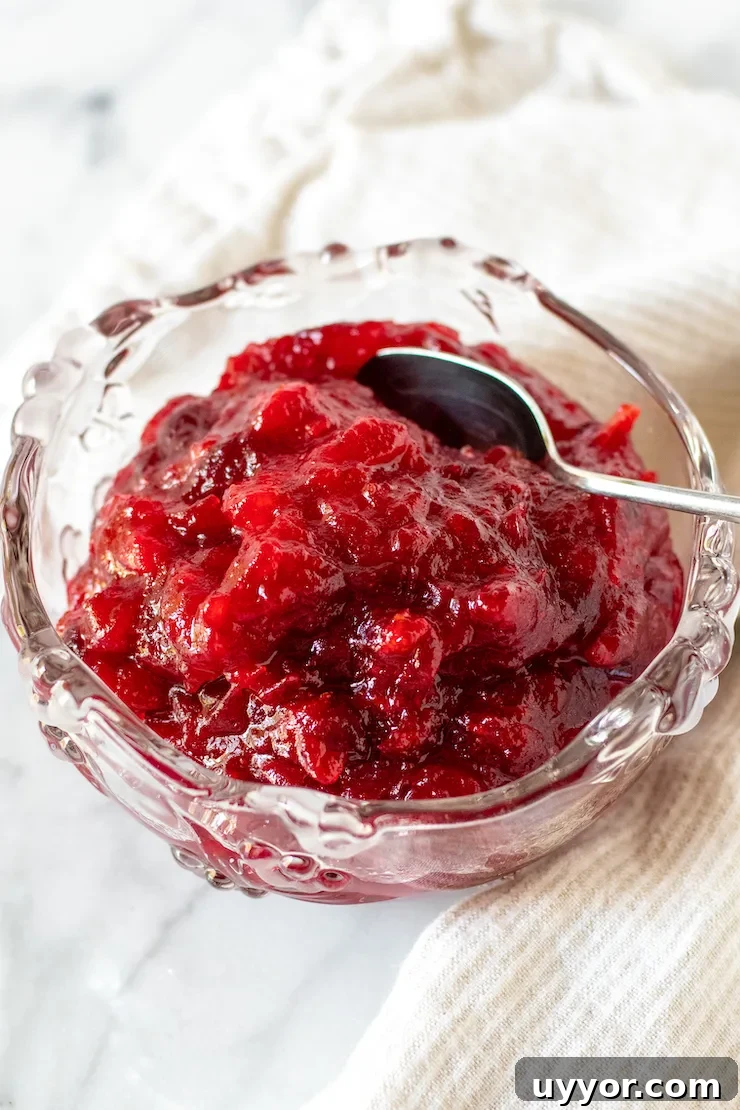 Cranberry Orange Sauce Recipe for Holiday Feasts 3 Cranberry sauce in glass serving dish with spoon.