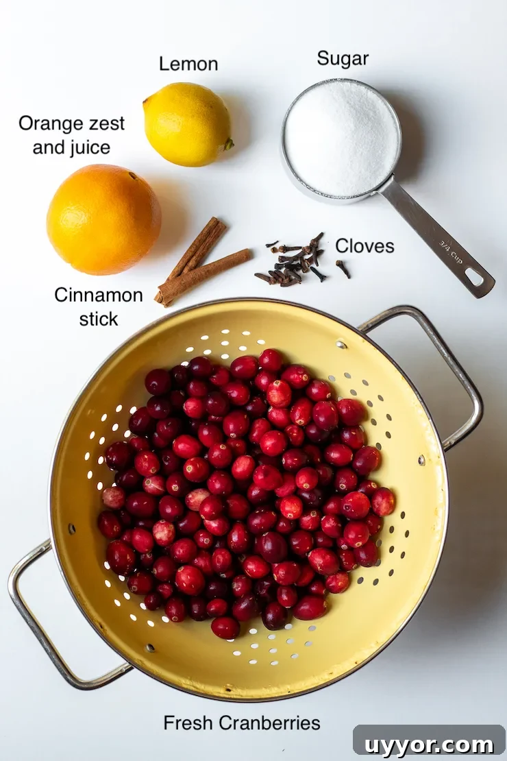 Cranberry Orange Sauce Recipe for Holiday Feasts 4 Ingredients photo labeled on white board.