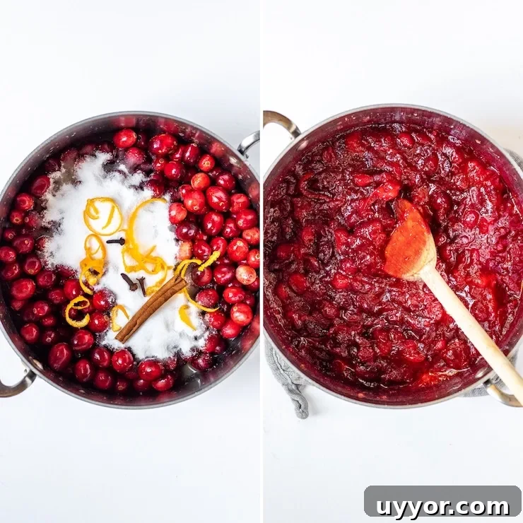 Cranberry Orange Sauce Recipe for Holiday Feasts 5 Process photo collage, ingredients simmering in saucepan.