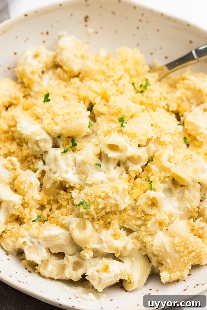Creamy Vegan Baked Macaroni and Cheese Casserole 7 close up of vegan baked mac and cheese